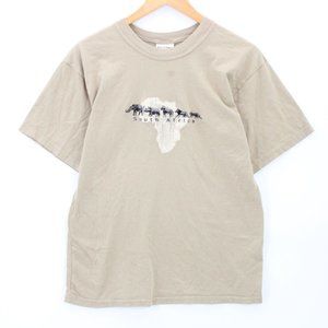 Vintage It's Africa Shirt Womens Brown Short Sleeve Embroidered Logo Small S